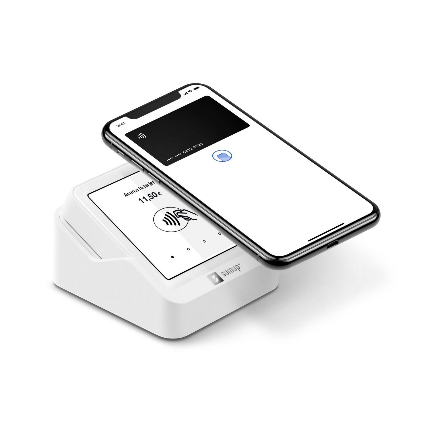 Un terminal de pago blanco con un teléfono encima, mostrando una pantalla de pago. El texto dice '11,50€' y 'Sunup'.