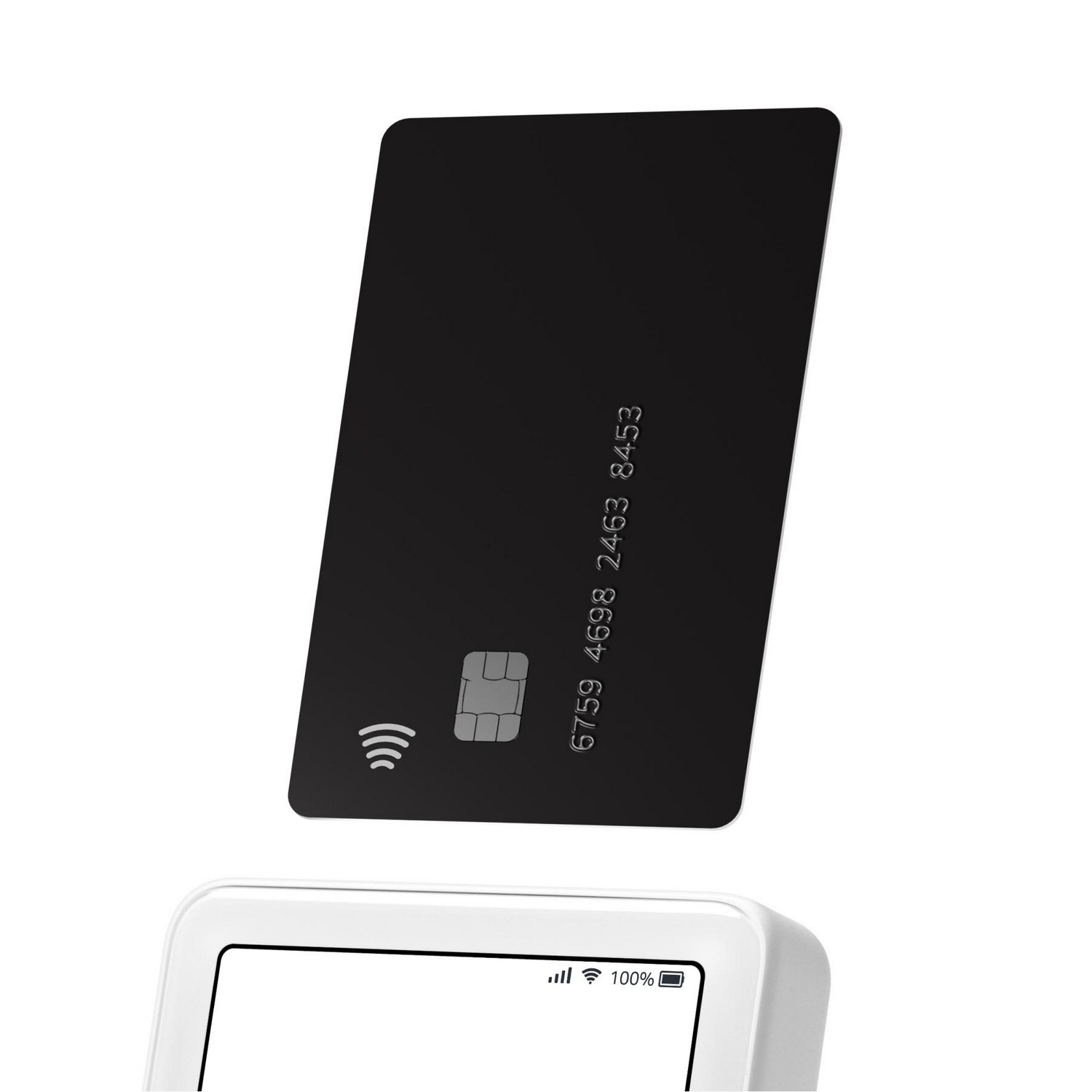 Tarjeta de crédito negra con símbolo sin contacto. Terminal de pago blanco en primer plano.