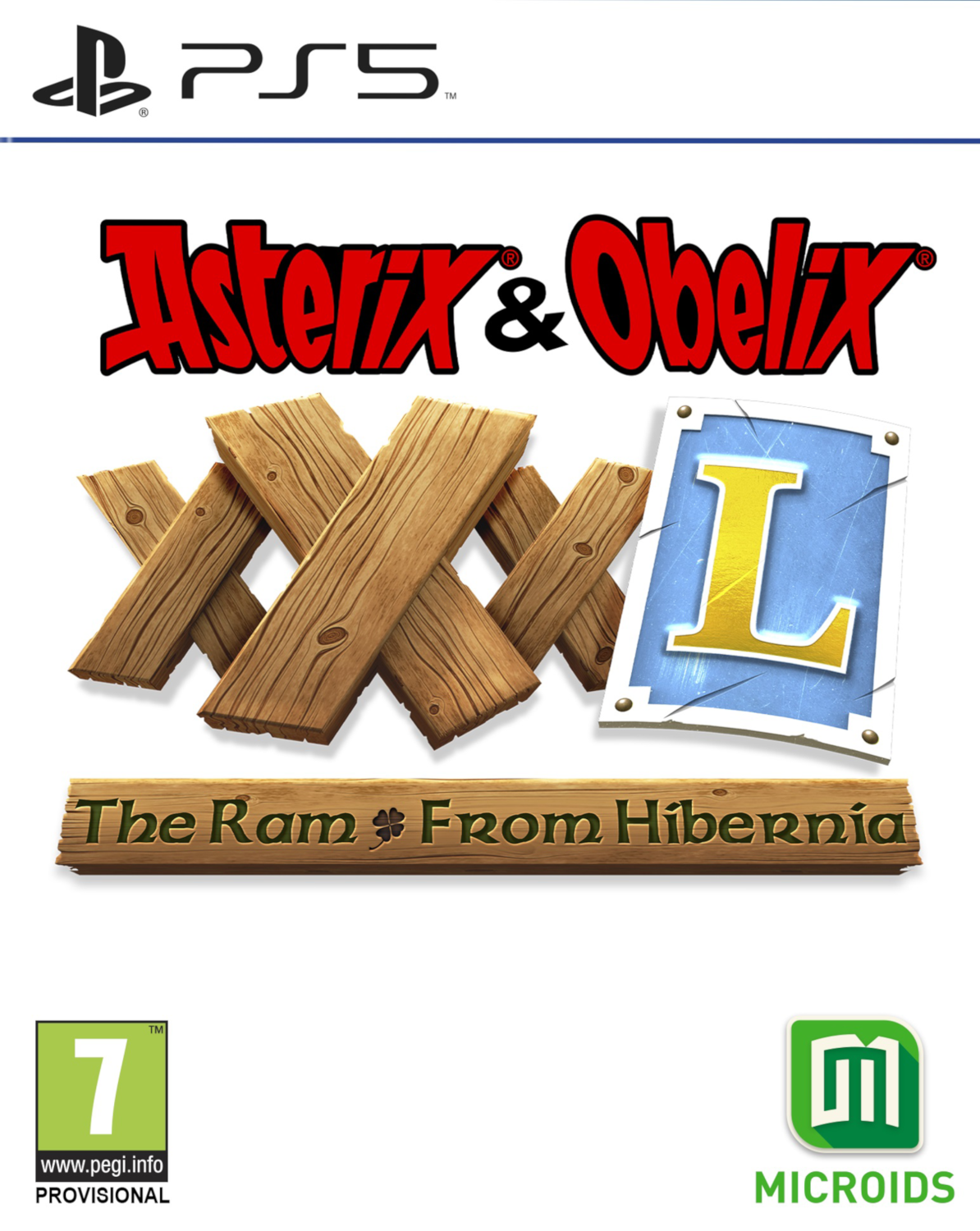 Een PS5-gamebox voor Asterix & Obelix, met houten stukken en een blauw schild.