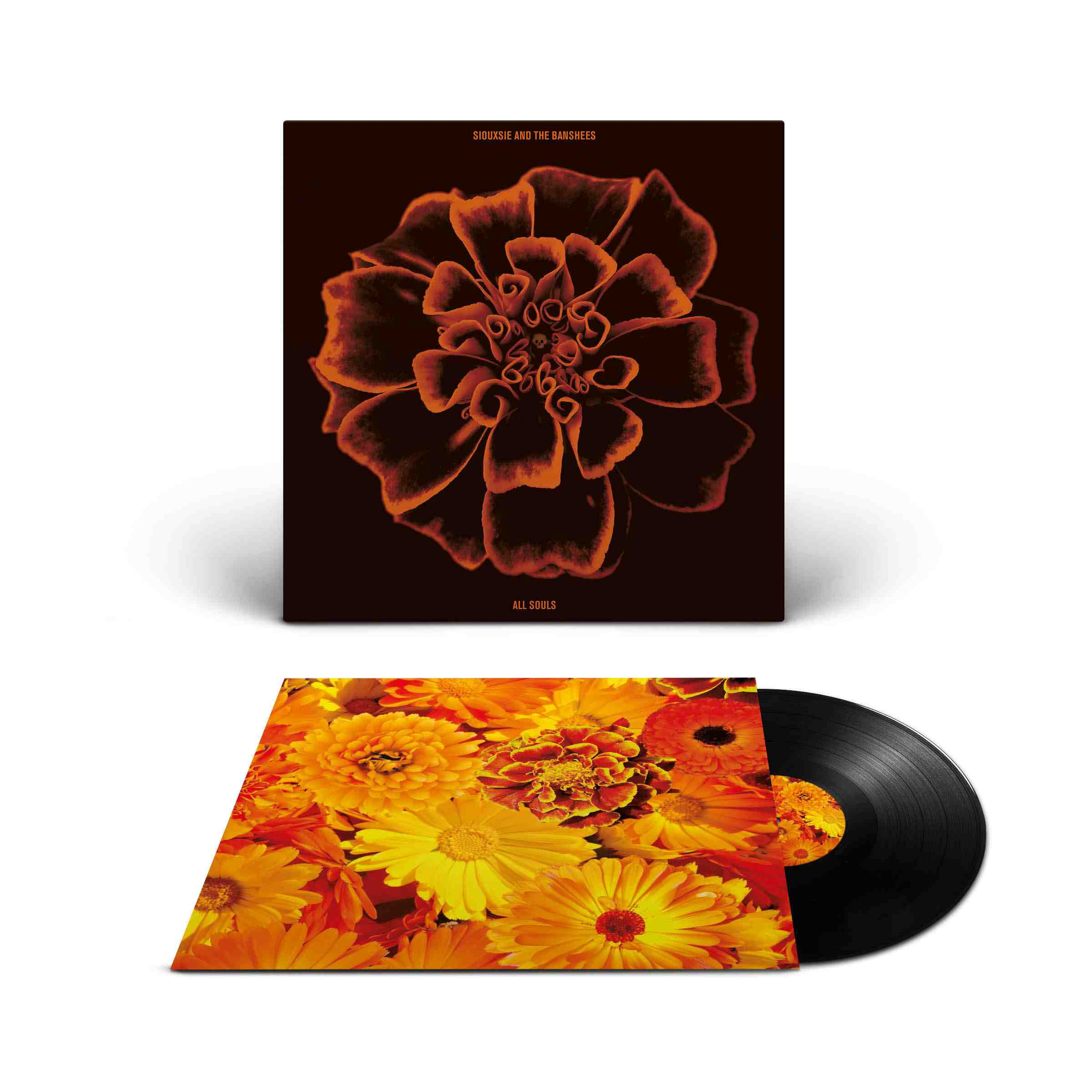Albumcover von 'Siouxsie and the Banshees' mit Ringelblume und Vinyl-Schallplatte.