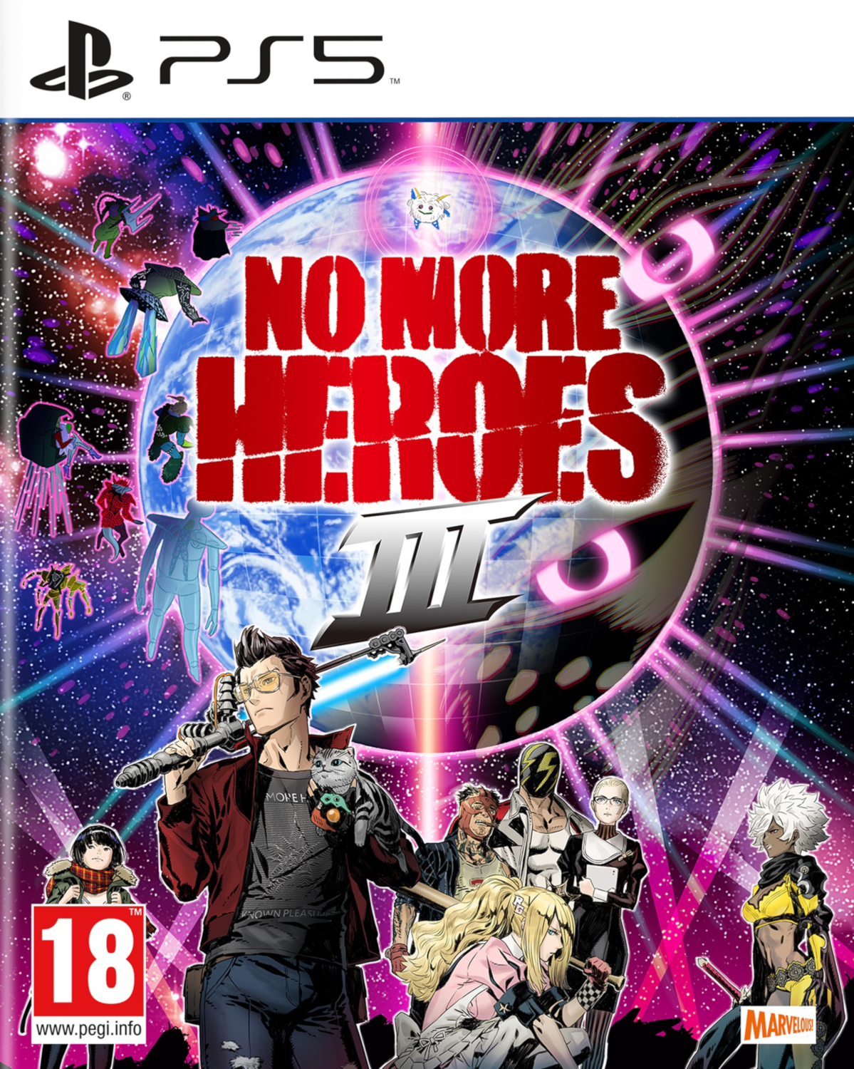 Game-omslag: Personages in actie, rode titel 'No More Heroes III' op een planeet, PS5-logo.