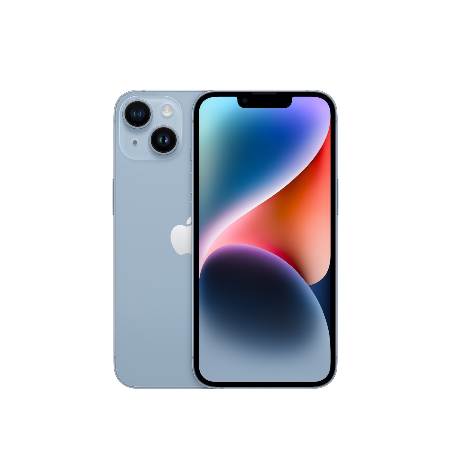 Blauwe iPhone 14, met twee camera's en een scherm dat een abstracte, kleurrijke afbeelding toont.