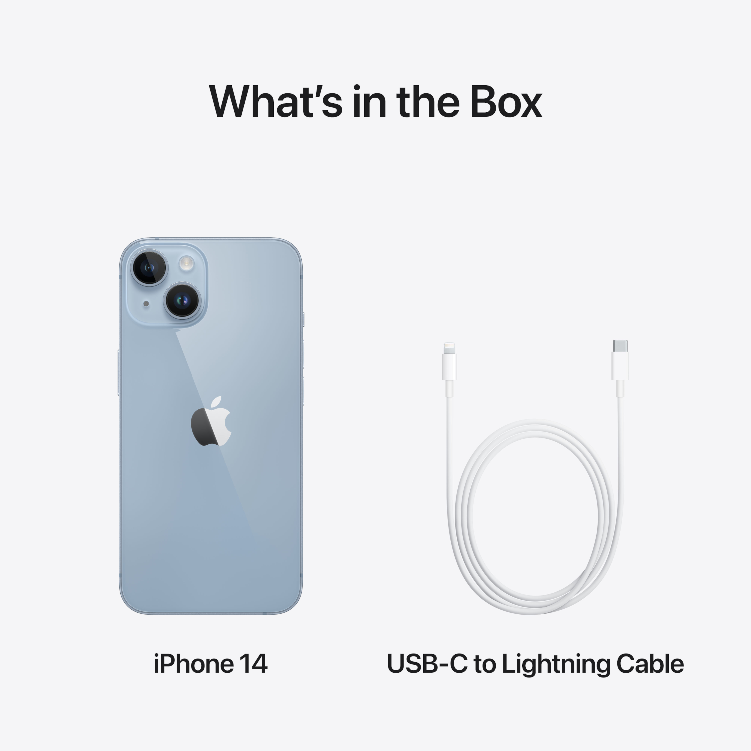 iPhone 14 en USB-C naar Lightning kabel, witte achtergrond.