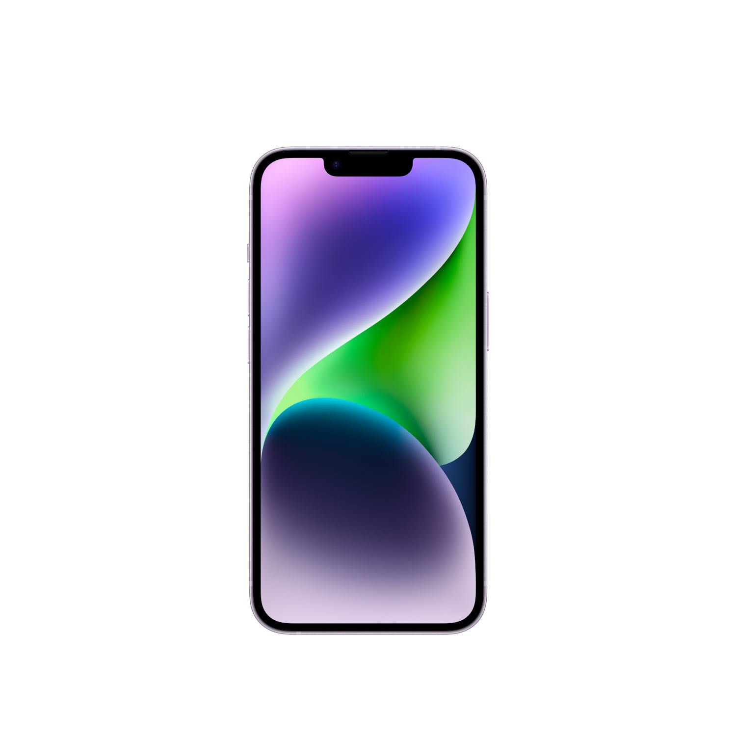 iPhone with a purple and green gradient screen. Silver frame. White background.