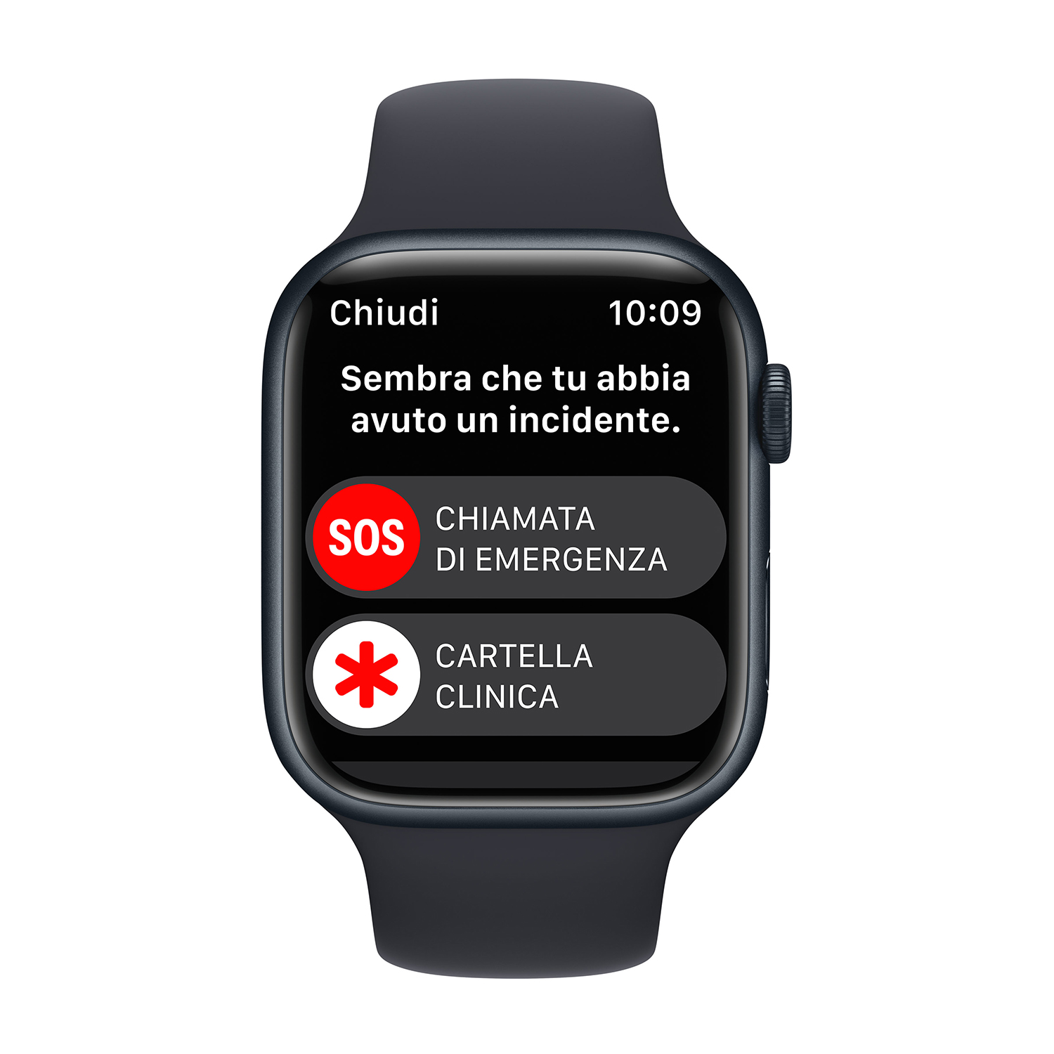 Apple Watch che mostra una schermata di emergenza con opzioni SOS e ID medica. Sfondo bianco.