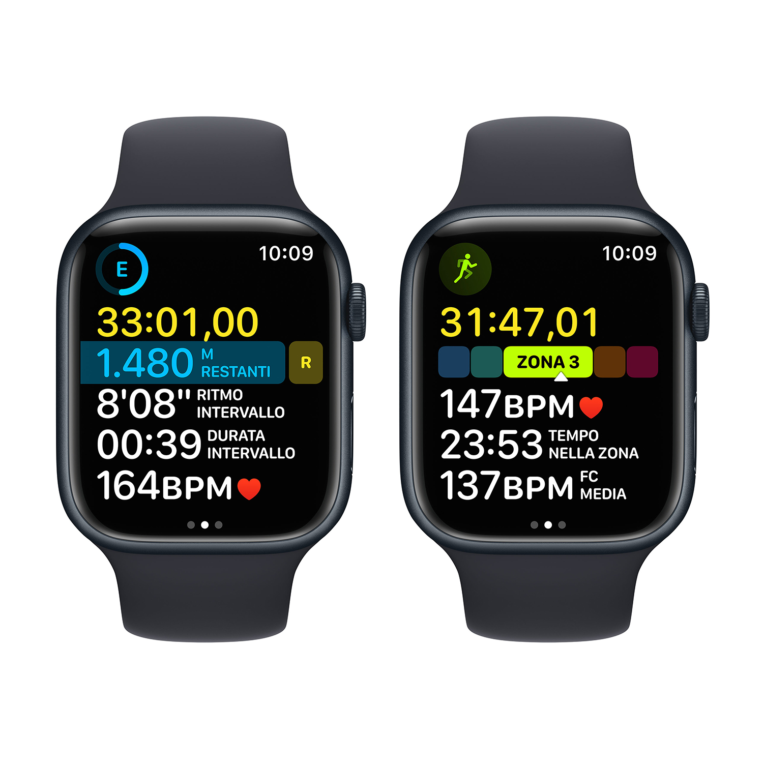 Due smartwatch che mostrano i dati dell'allenamento, mostrando frequenza cardiaca, tempo e zone.