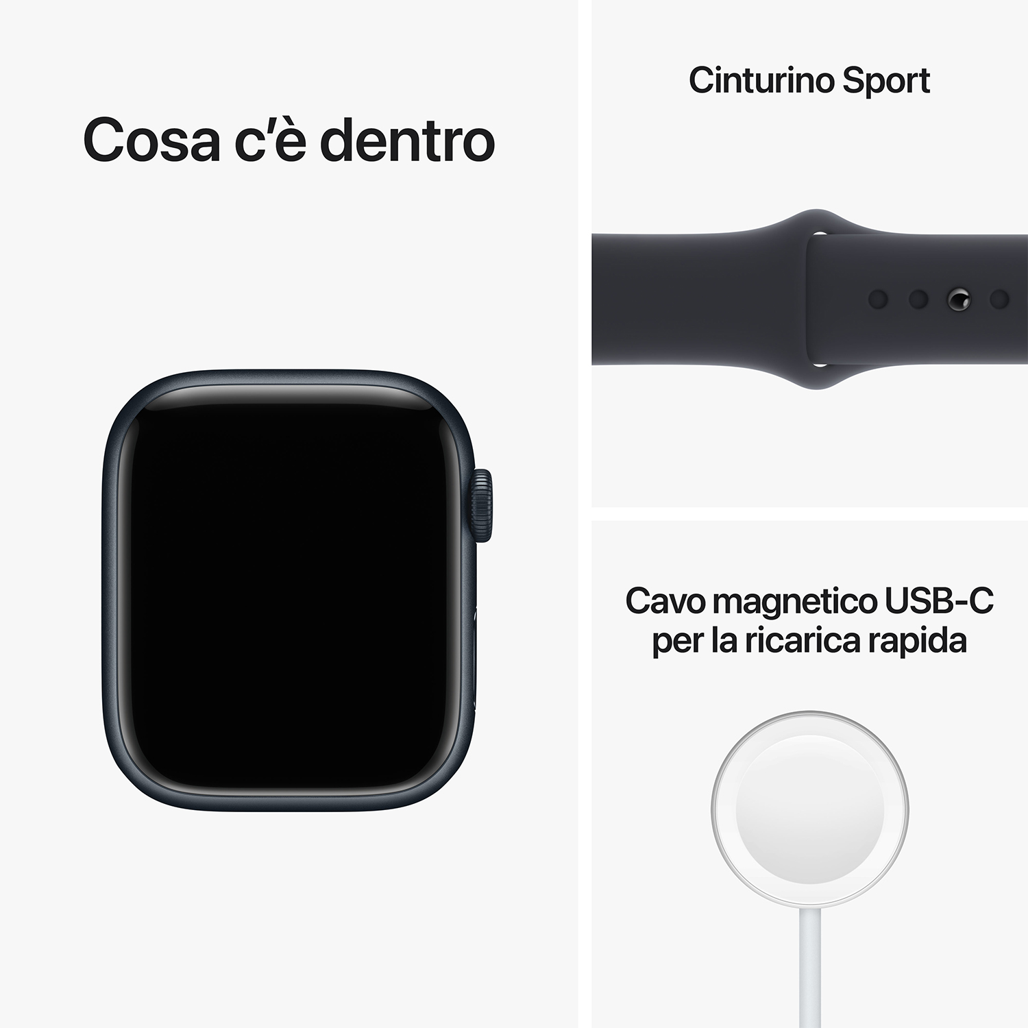 Apple Watch con accessori, tra cui un cinturino sportivo e un cavo di ricarica.