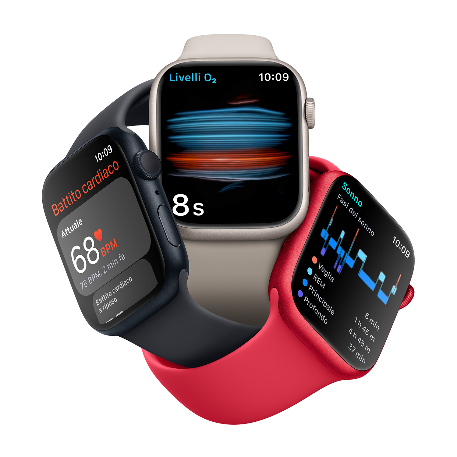 Apple Watch che mostrano frequenza cardiaca, ossigeno nel sangue e dati del sonno.