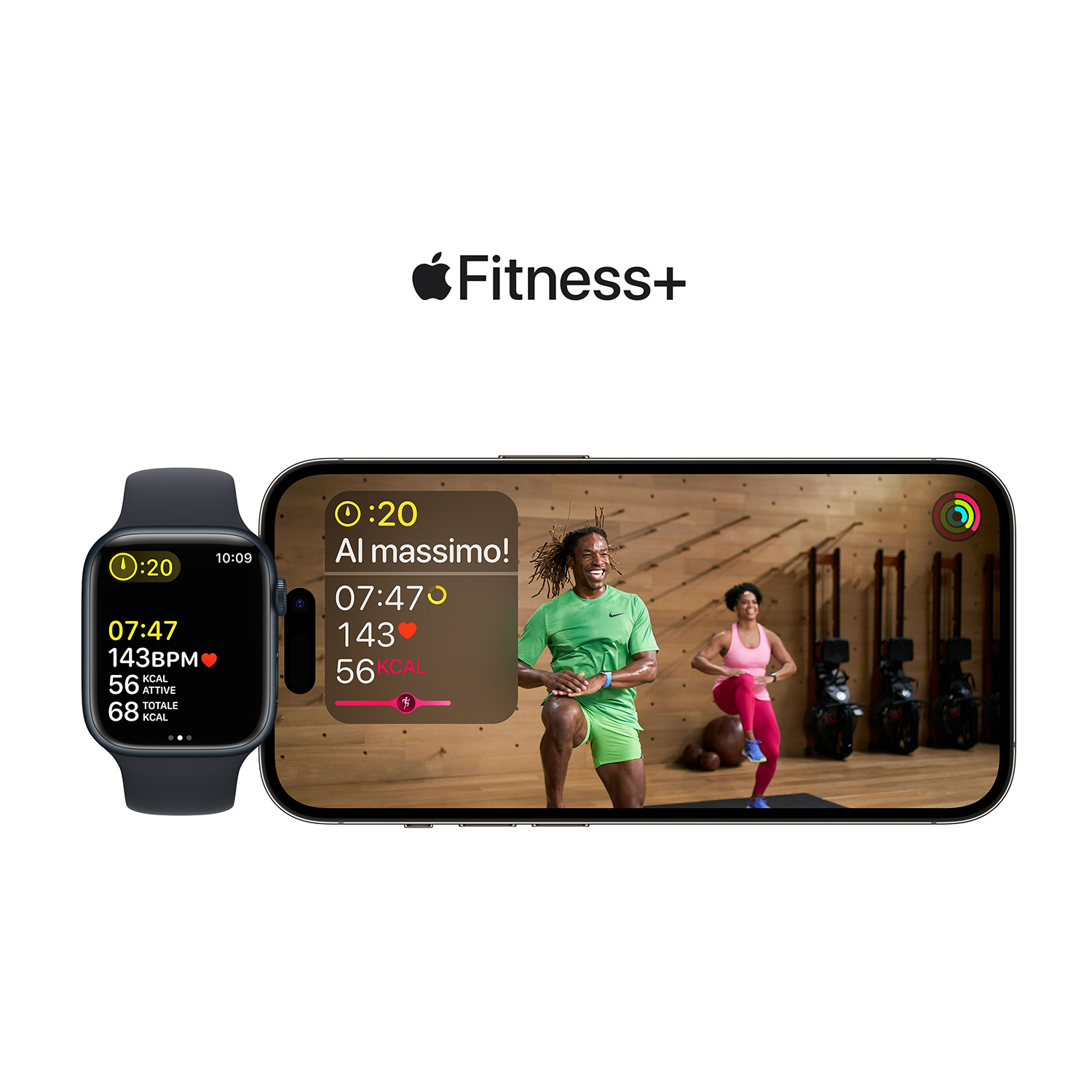 Apple Watch con metriche e un iPhone che mostra un allenamento Fitness+. L'orologio è nero.