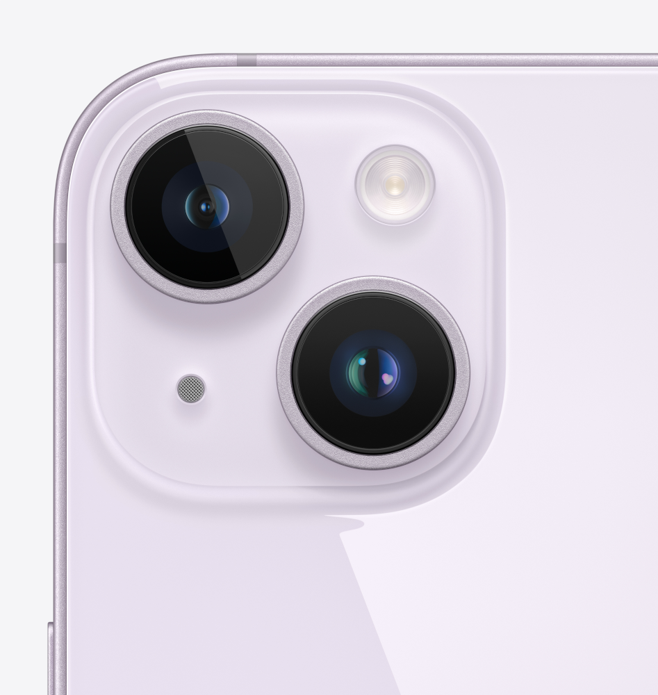 Close-up of the triple camera system on a purple iPhone 14 Pro.