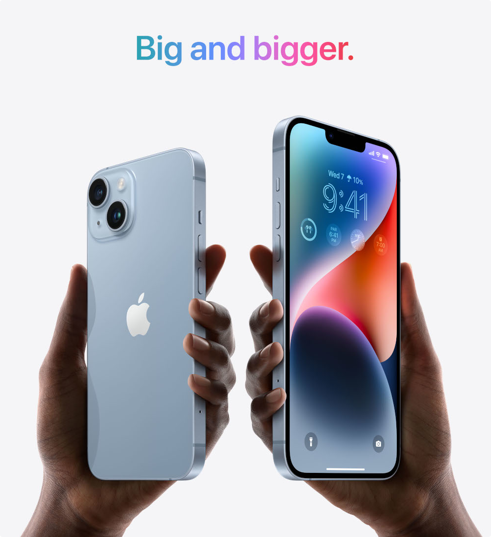Two hands holding two iPhone 14s, blue color, showing the phone's display.