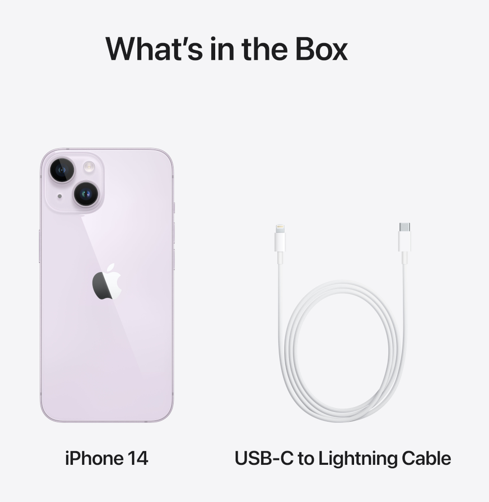 iPhone 14 and a USB-C to Lightning cable on a white background.