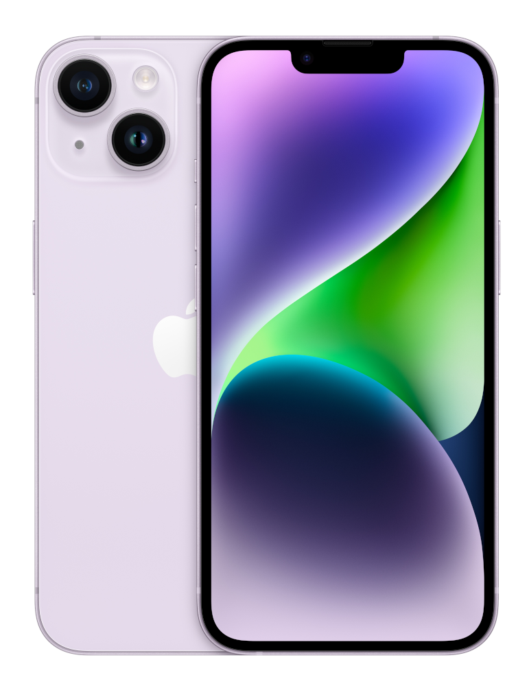 A purple iPhone showing the front and back. The screen displays a colorful abstract image.