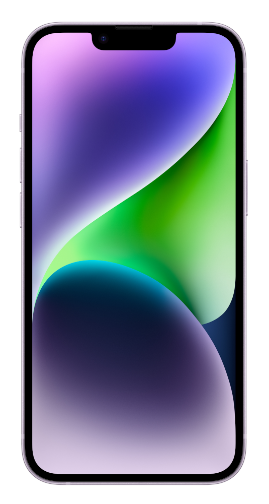 A purple iPhone with a green and purple screen. The screen display is abstract.