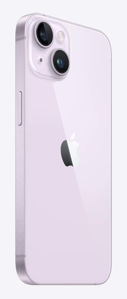 Purple iPhone, back view, showing the camera lenses and Apple logo. White background.