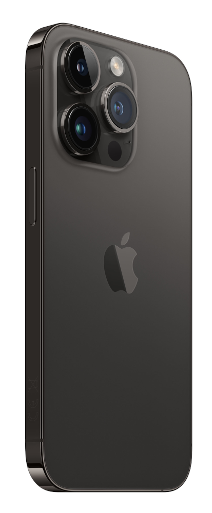 Un smartphone noir avec trois caméras à l'arrière. Le logo Apple est visible.