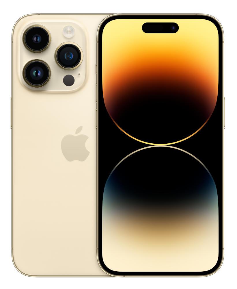 A golden iPhone with three cameras on the back and a screen showing a gradient.