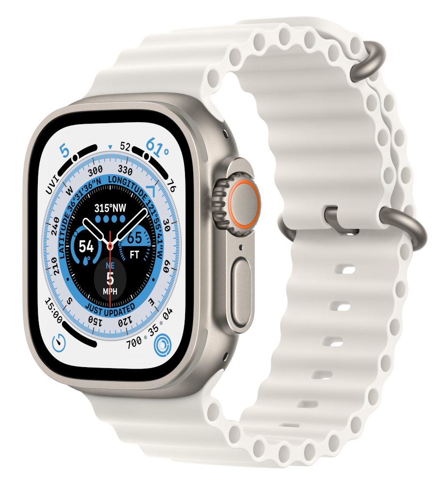 APPLE Watch Ultra GPS + Cellular 49 mm Boîtier en titane, Bracelet Océan Blanc (MNHF3NF/A)