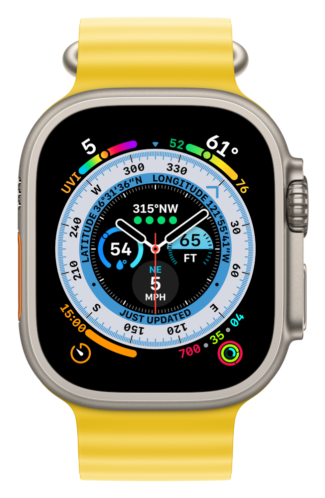 APPLE Watch Ultra GPS + Cellular 49 mm Boîtier en titane, Bracelet Océan Jaune (MNHG3NF/A)