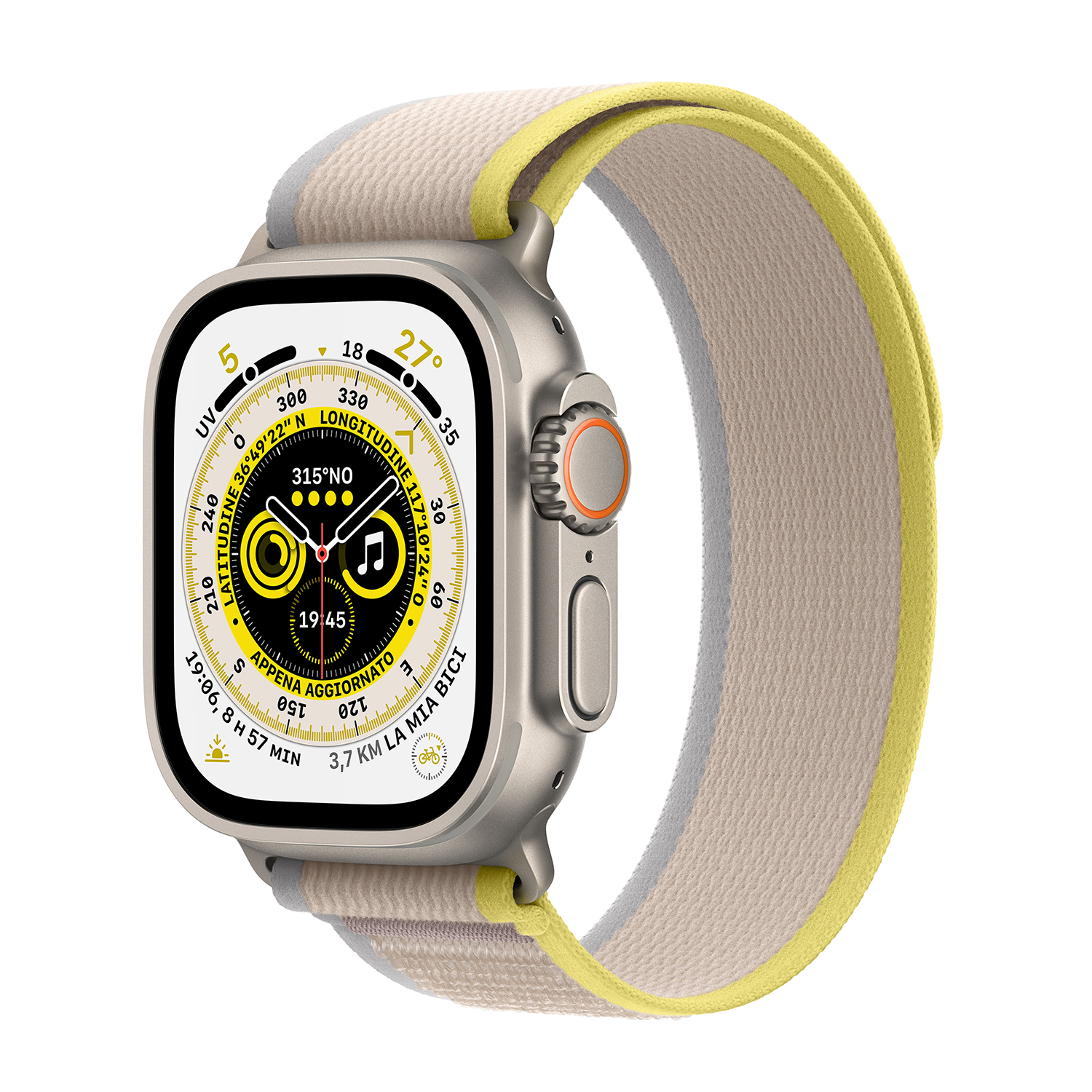 Immagine del prodotto APPLE Watch Ultra GPS + Cellular, 49mm Cassa in titanio con Trail Loop giallo/beige - S/M