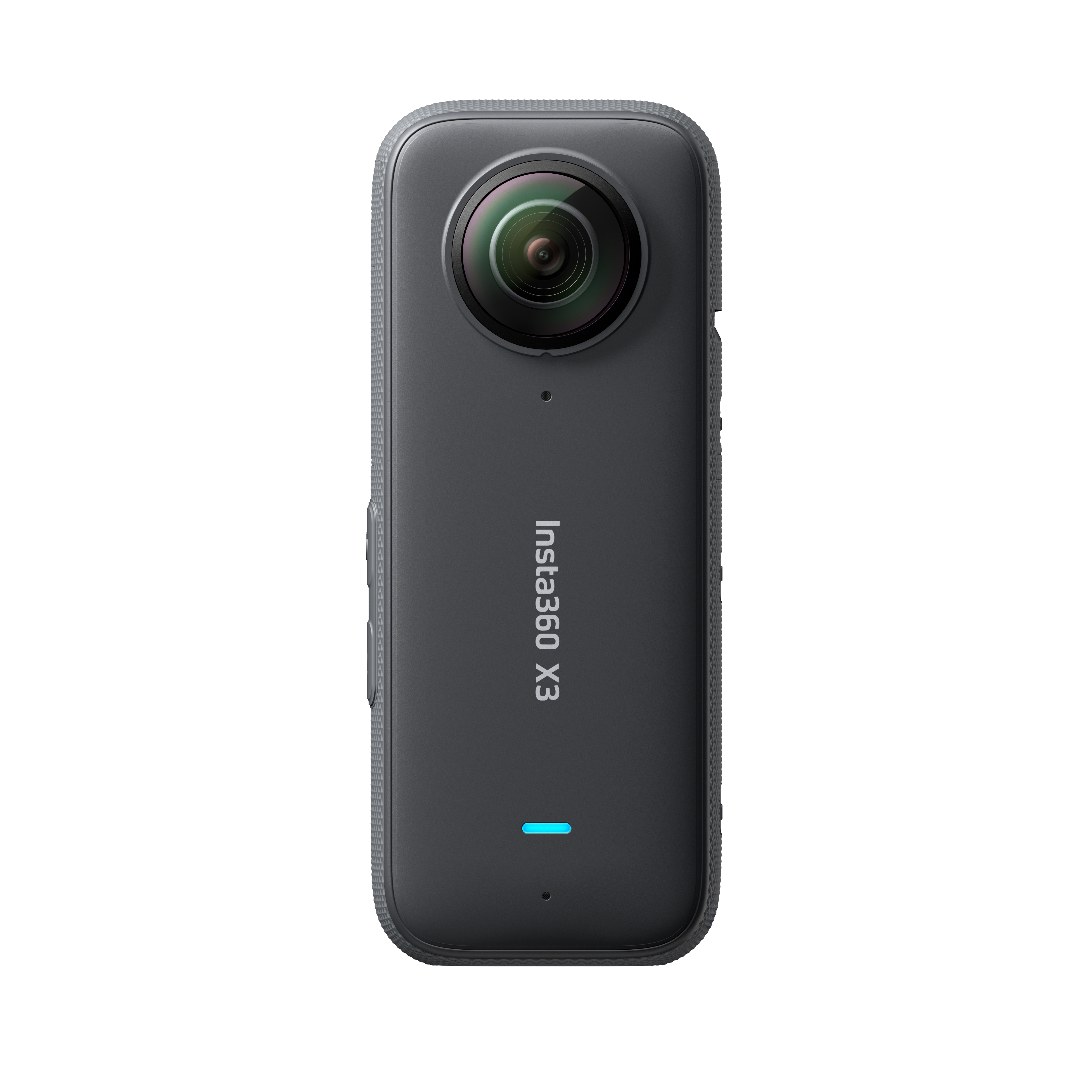 Insta360 X3 Kamera. Schwarz, zylindrische Form, mit Objektiv und Insta360 Logo.