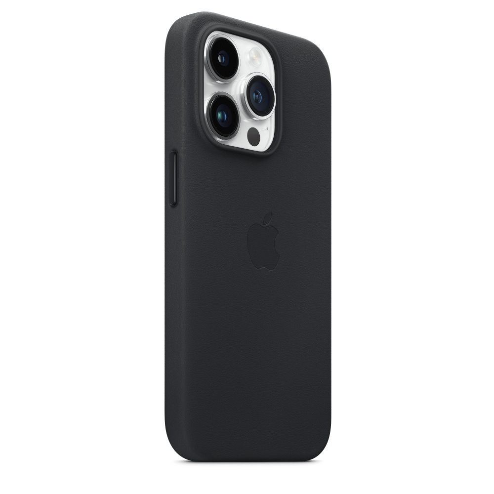 Schwarze iPhone-Hülle mit Lederstruktur und Apple-Logo. Das Kameramodul ist sichtbar.