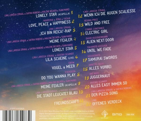 CD-Rückseite mit Titeln in verschiedenen Schriftarten auf buntem Hintergrund.