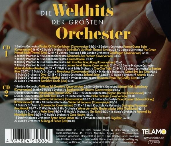 Rückseite einer CD-Hülle mit Songtexten und einer Liste der Orchester.