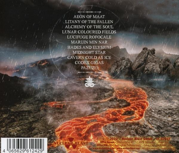 Albumcover mit einer Landschaft aus Lava und Bergen, mit Text und dem Nuclear Blast Logo.