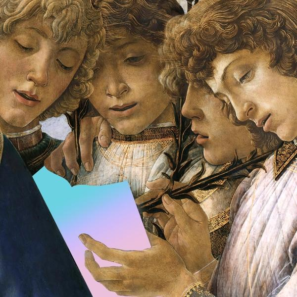 Drei Personen betrachten ein Buch, im Stil der klassischen Kunst, mit einem blau-rosa Buch.
