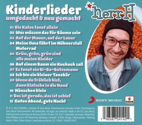 Albumcover mit Text und Foto eines Mannes mit Brille. Das Album heißt Kinderlieder, von Herr H.