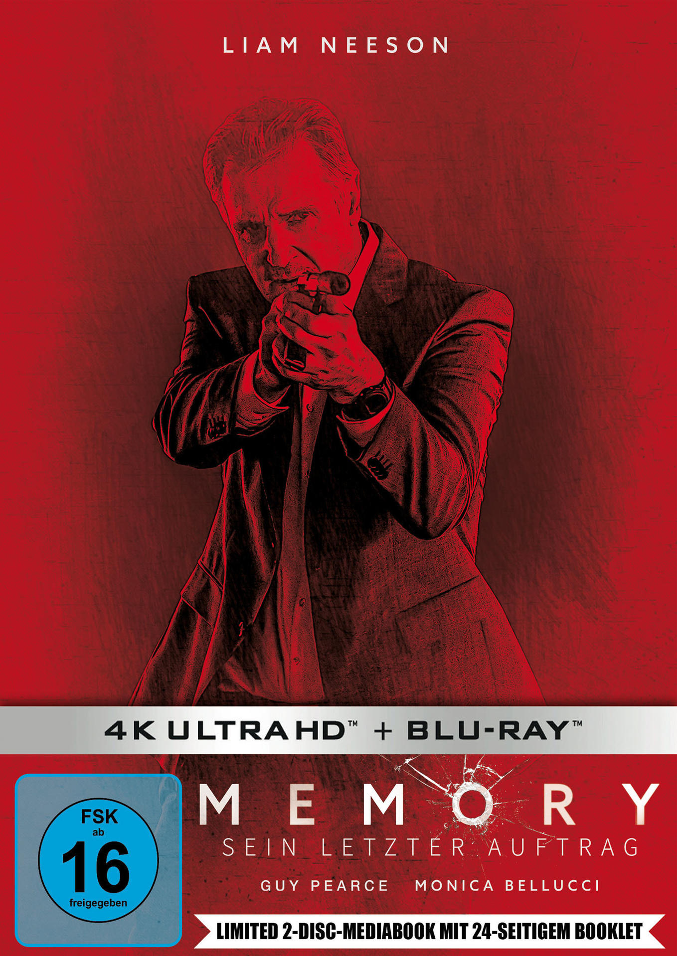 Filmcover: Liam Neeson als Mann mit einer Waffe, roter Hintergrund, Titel: Memory.