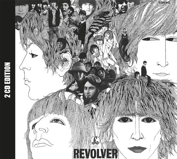 Albumcover, Beatles 'Revolver', Schwarz-Weiß-Porträts der Bandmitglieder, Text 'Revolver'.