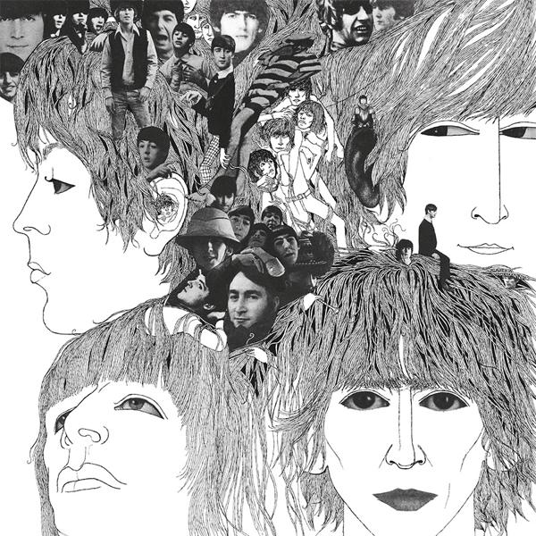 Schwarz-Weiß-Zeichnung Collage mit vielen Gesichtern der Beatles.