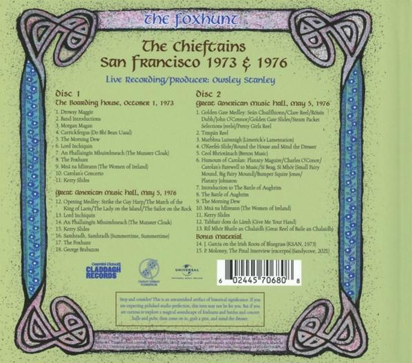 Rückseite des Albumcovers The Chieftains San Francisco 1973 & 1976, mit Titellisten und Produktionsdetails.
