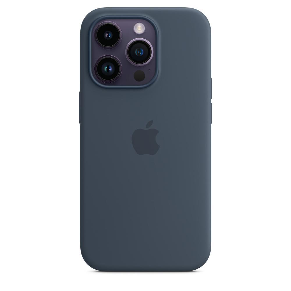 Dunkelblaue iPhone-Hülle. Die Rückseite zeigt das Apple-Logo und die Kameralinsen.