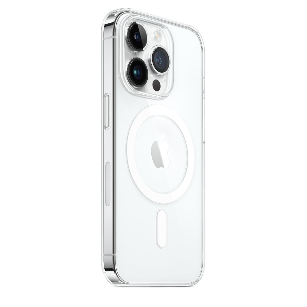 Transparente iPhone-Hülle mit Kameraausschnitten und weißem MagSafe-Kreis.