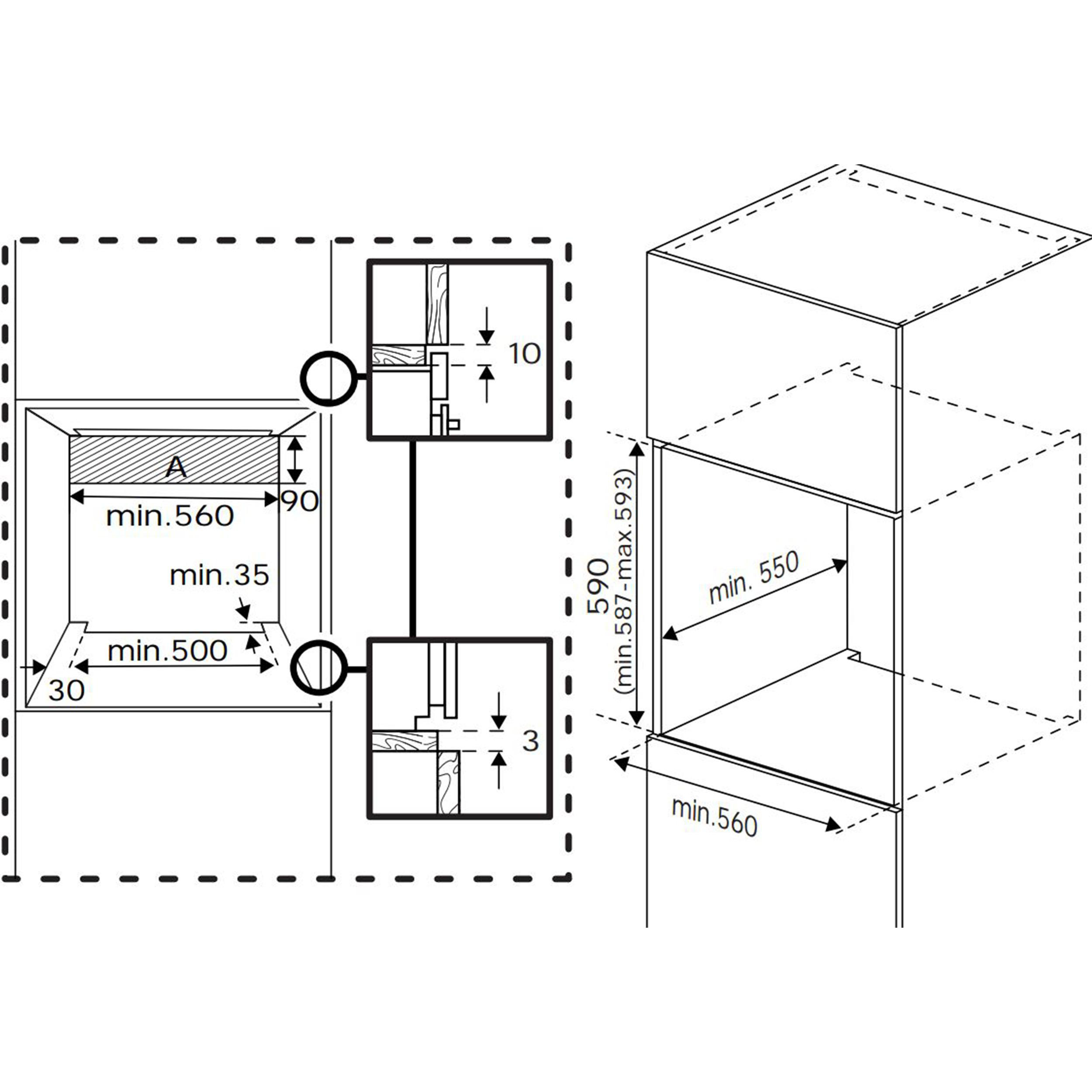Diagramm eines Einbauofens mit Abmessungen und Anordnung der internen Komponenten.