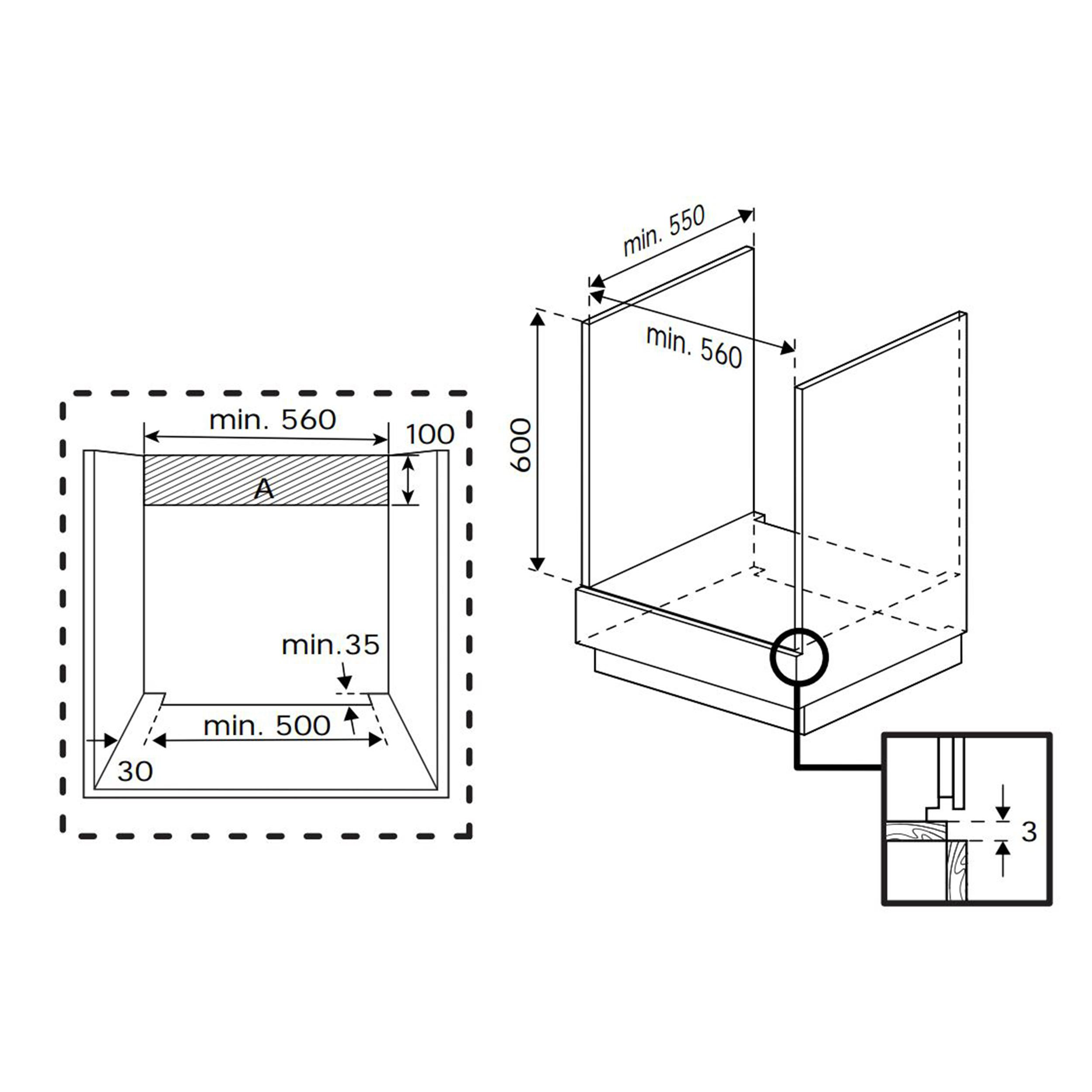 Diagramm eines Küchenschranks mit Maßen und einem Ausschnittdetail.