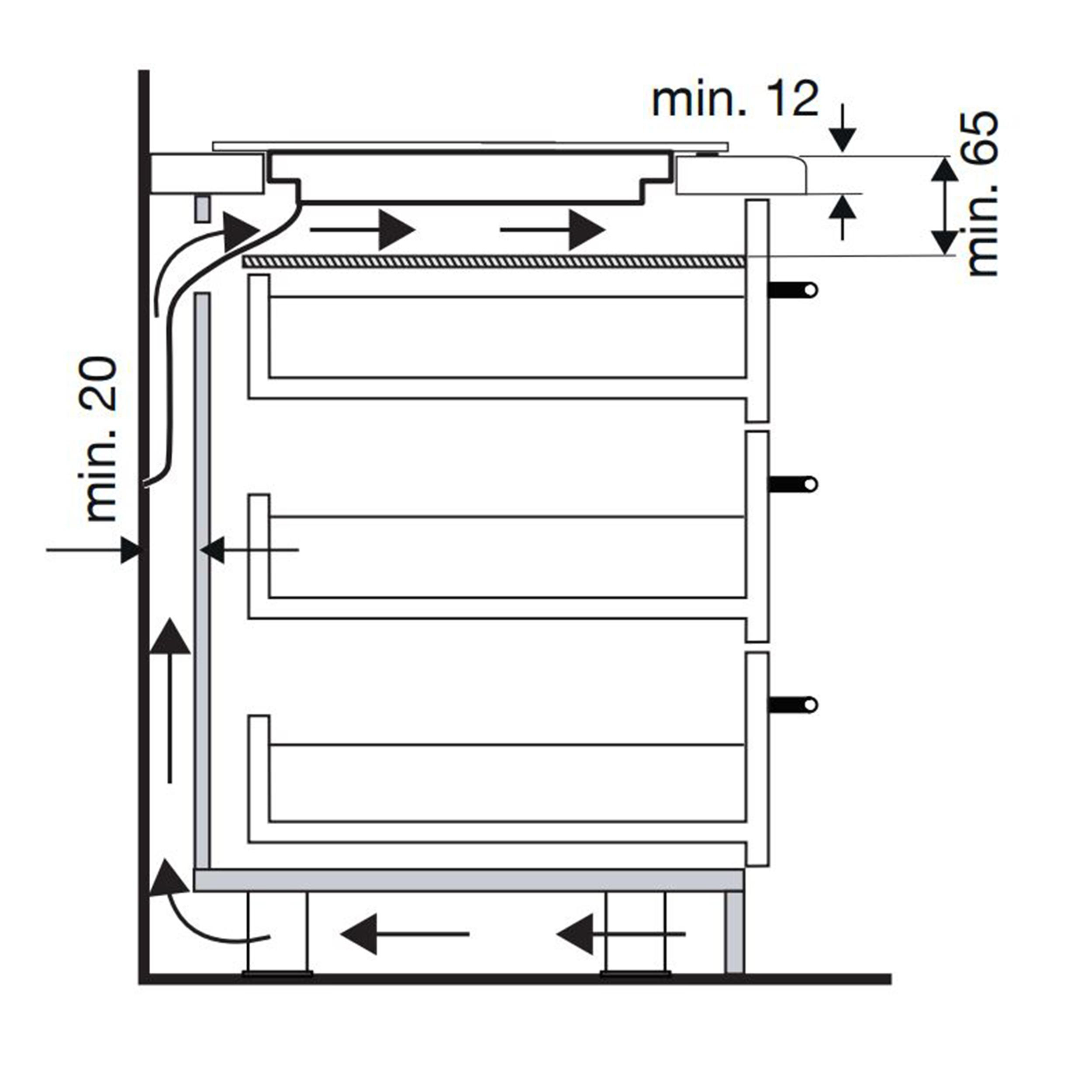 Diagramm eines Küchenschranks mit Maßen und Pfeilen.