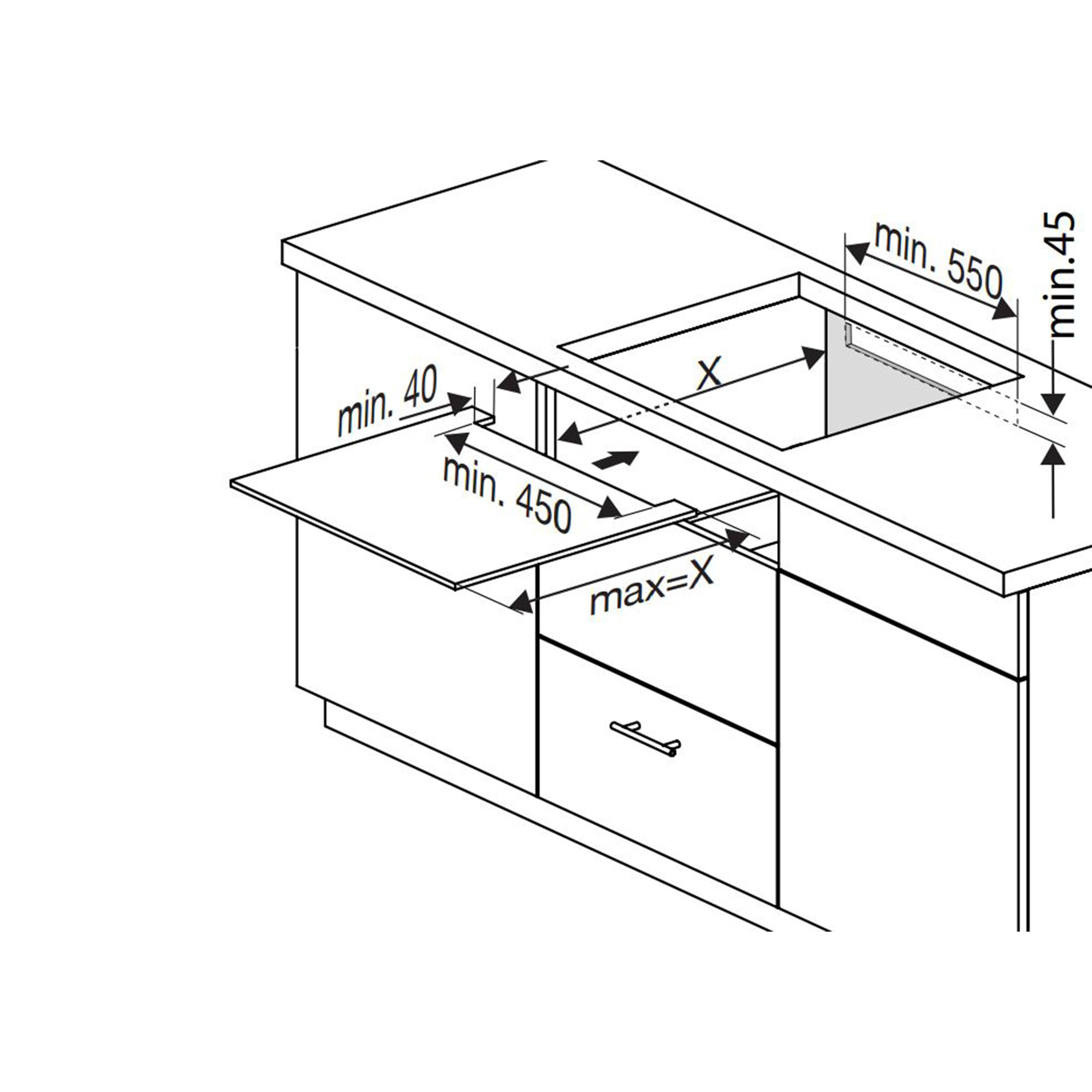 Diagramm mit Küchenschrank und Abmessungen für einen Geräteeinbau.