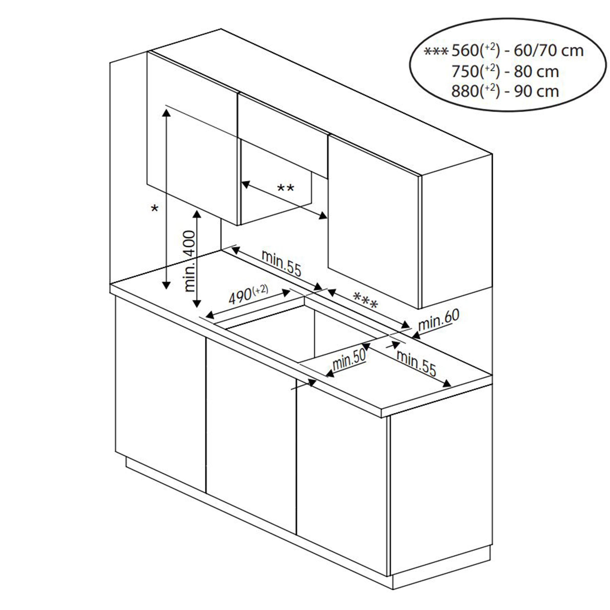 Diagramm eines Küchenlayouts mit Abmessungen und Schrankdetails. Enthält Abmessungen für Schränke.