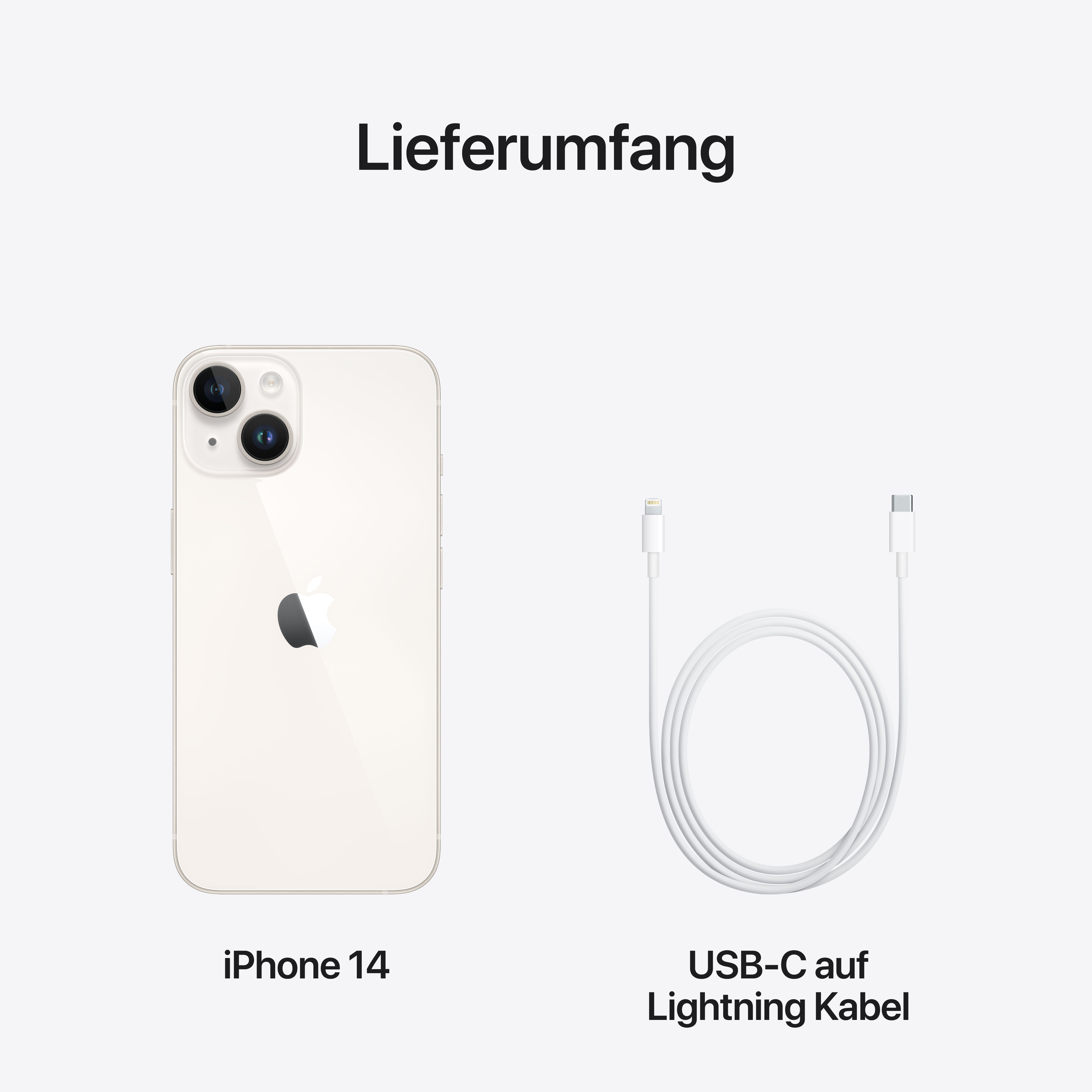 iPhone 14 und USB-C-auf-Lightning-Kabel. Weißer Hintergrund mit deutschem Text.
