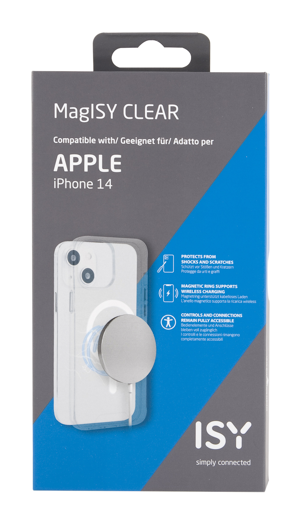 Eine transparente Handyhülle mit Magnetring für ein iPhone 14, mit Text in mehreren Sprachen.