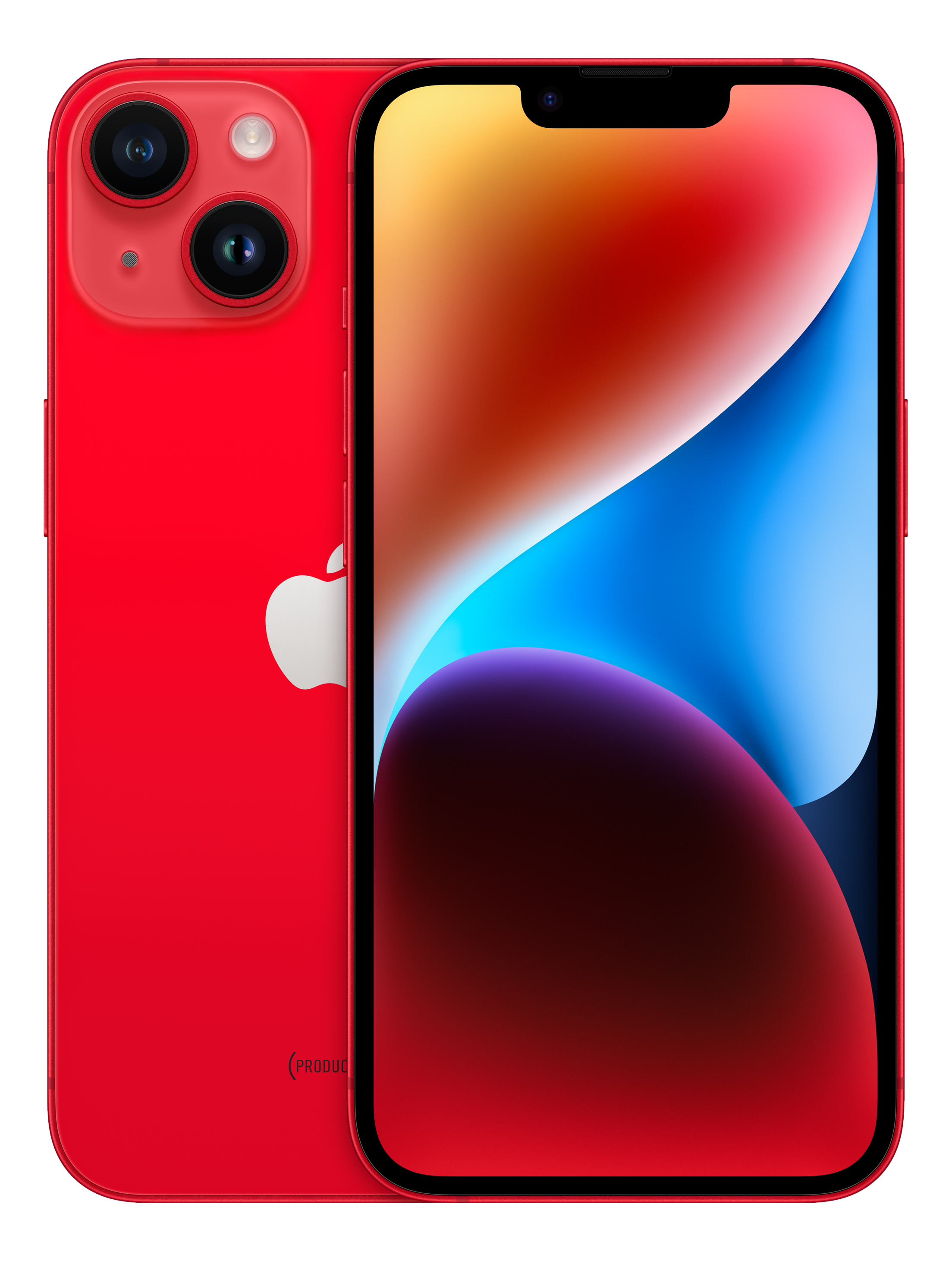 Rotes iPhone 14, Rückseite und Bildschirm zeigen ein farbenfrohes Hintergrundbild. Der Hintergrund ist schwarz.