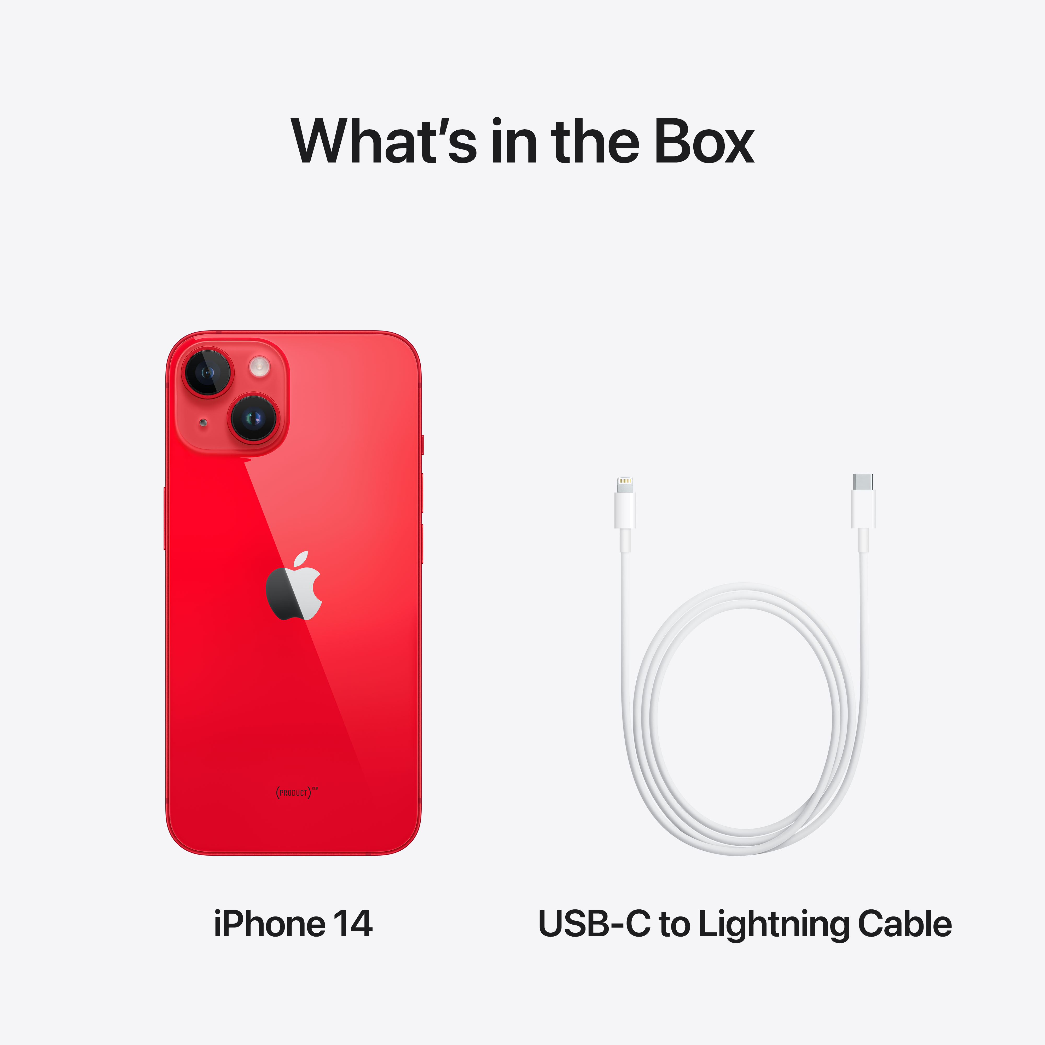 iPhone 14 und USB-C-auf-Lightning-Kabel auf weißem Hintergrund.