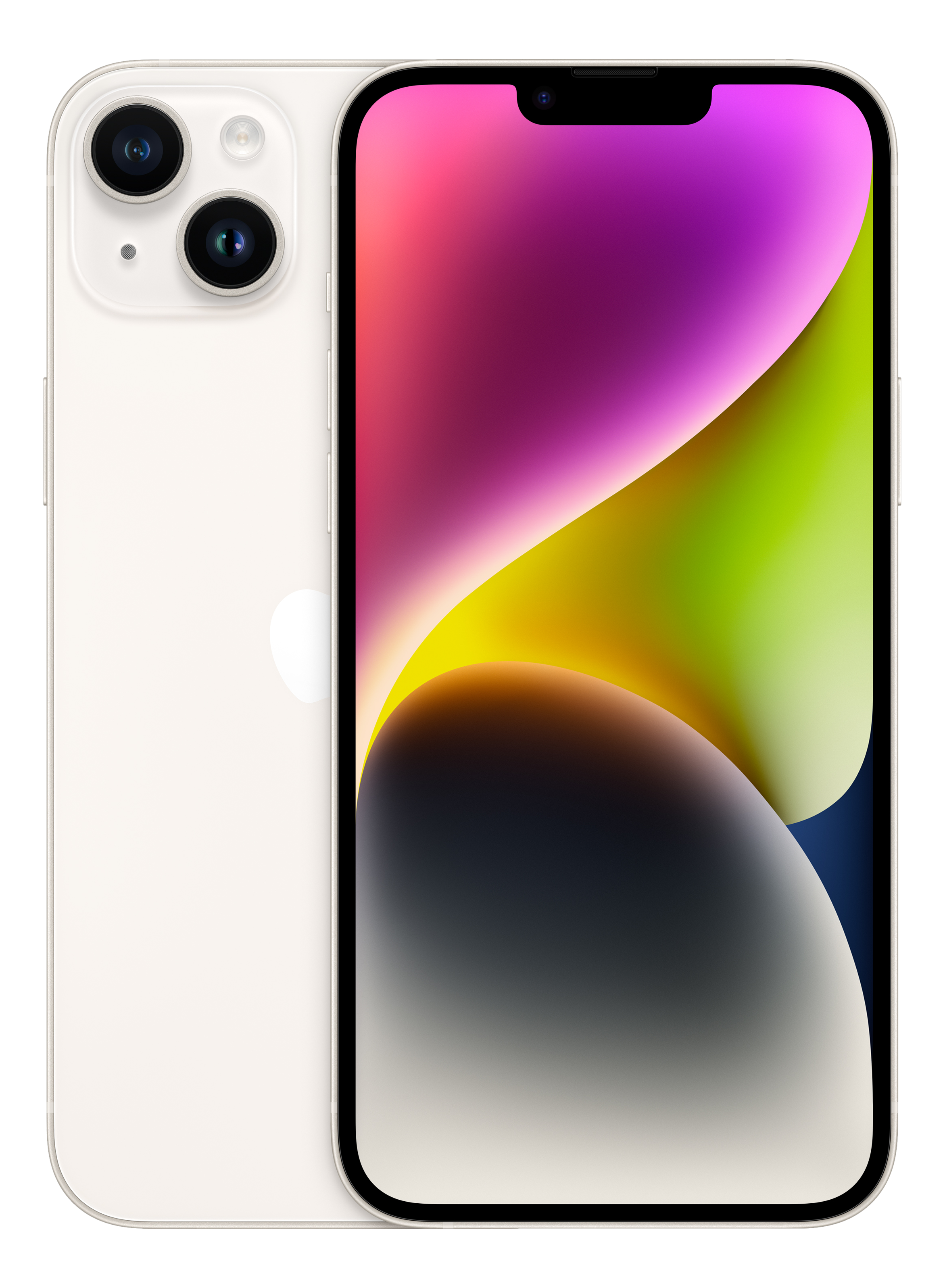 iPhone 14 Pro blanc avec écran noir. La vue arrière montre les objectifs de l'appareil photo.
