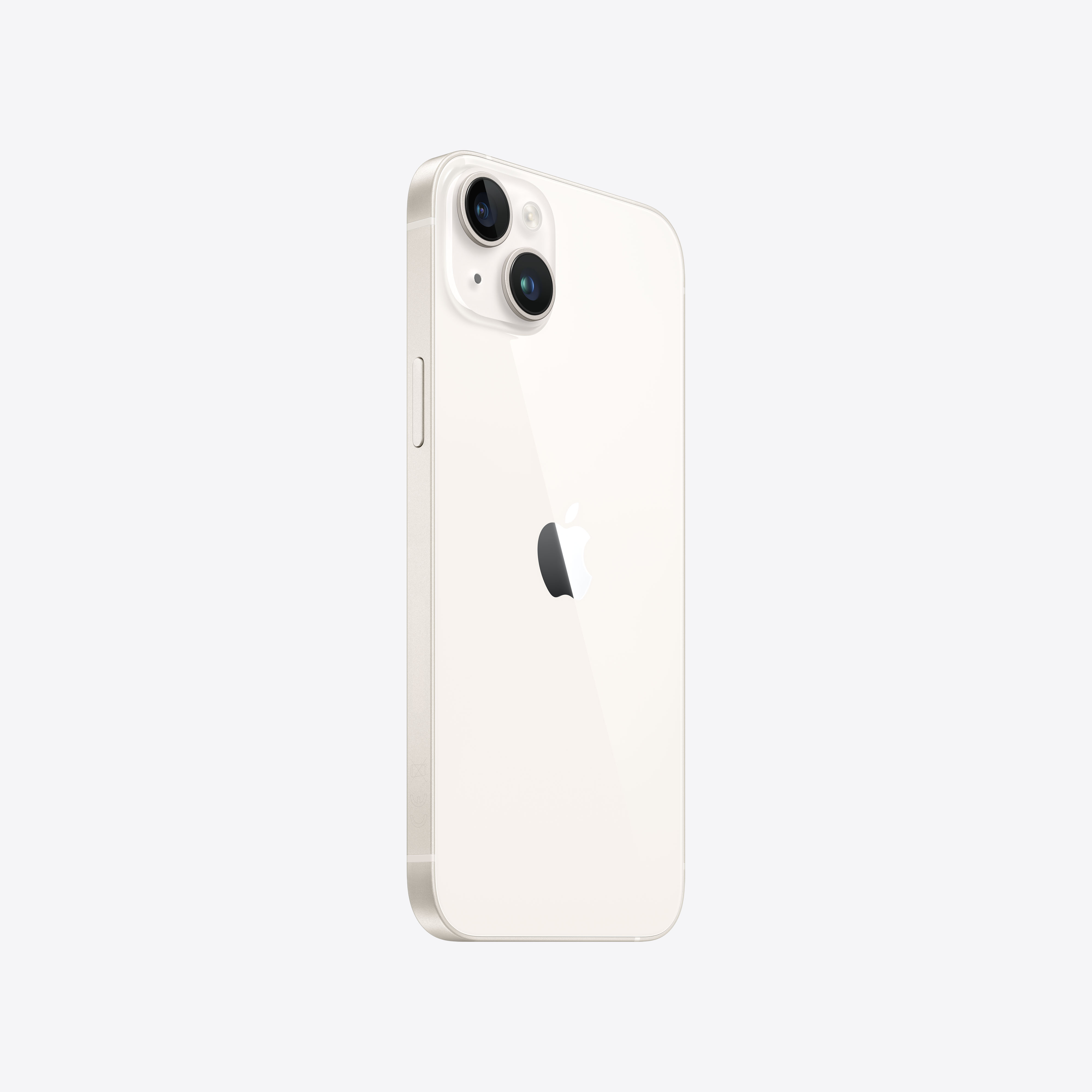 Vue arrière d'un iPhone 14 blanc avec deux caméras, sur fond blanc.