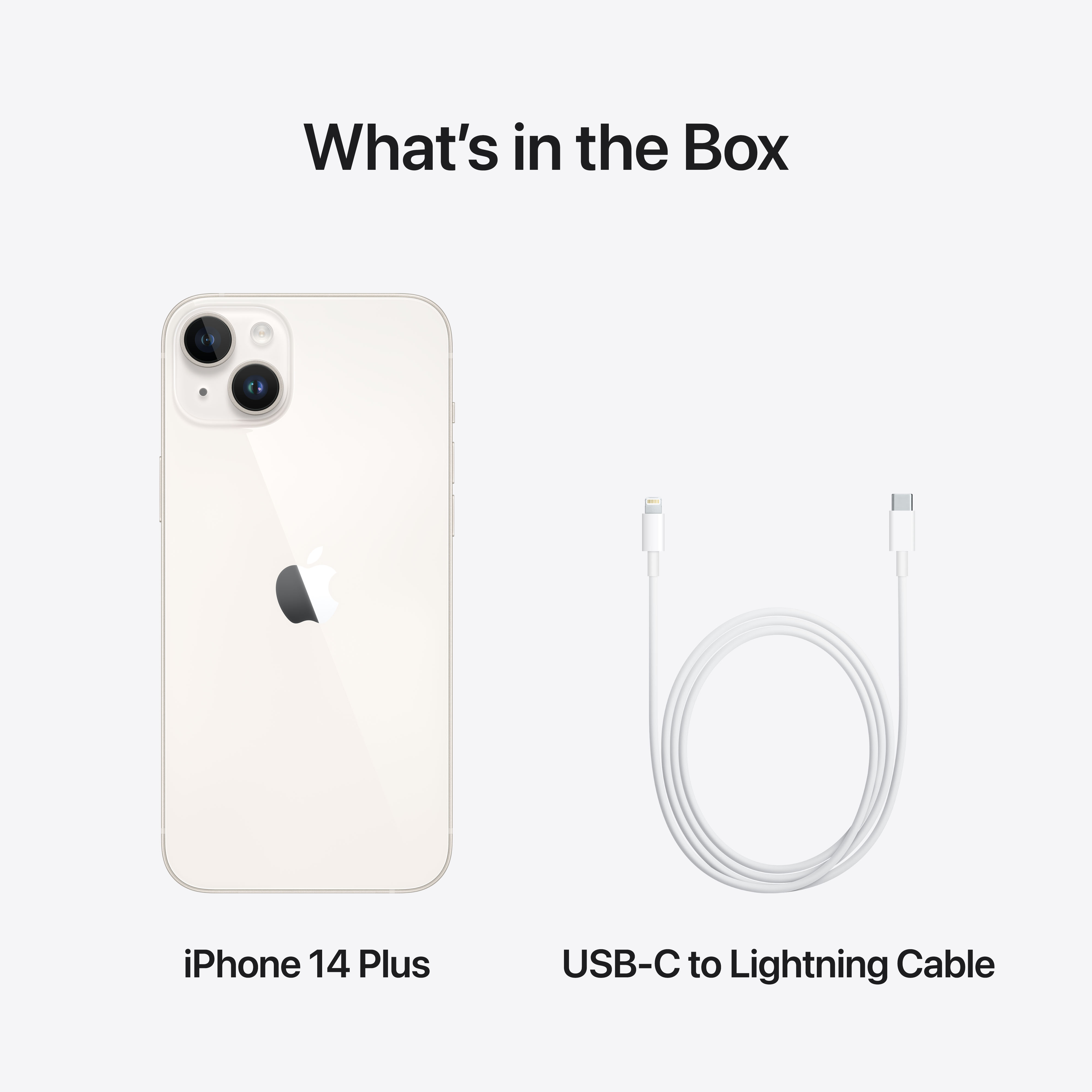 Un iPhone 14 Plus et un câble USB-C vers Lightning sur fond blanc.