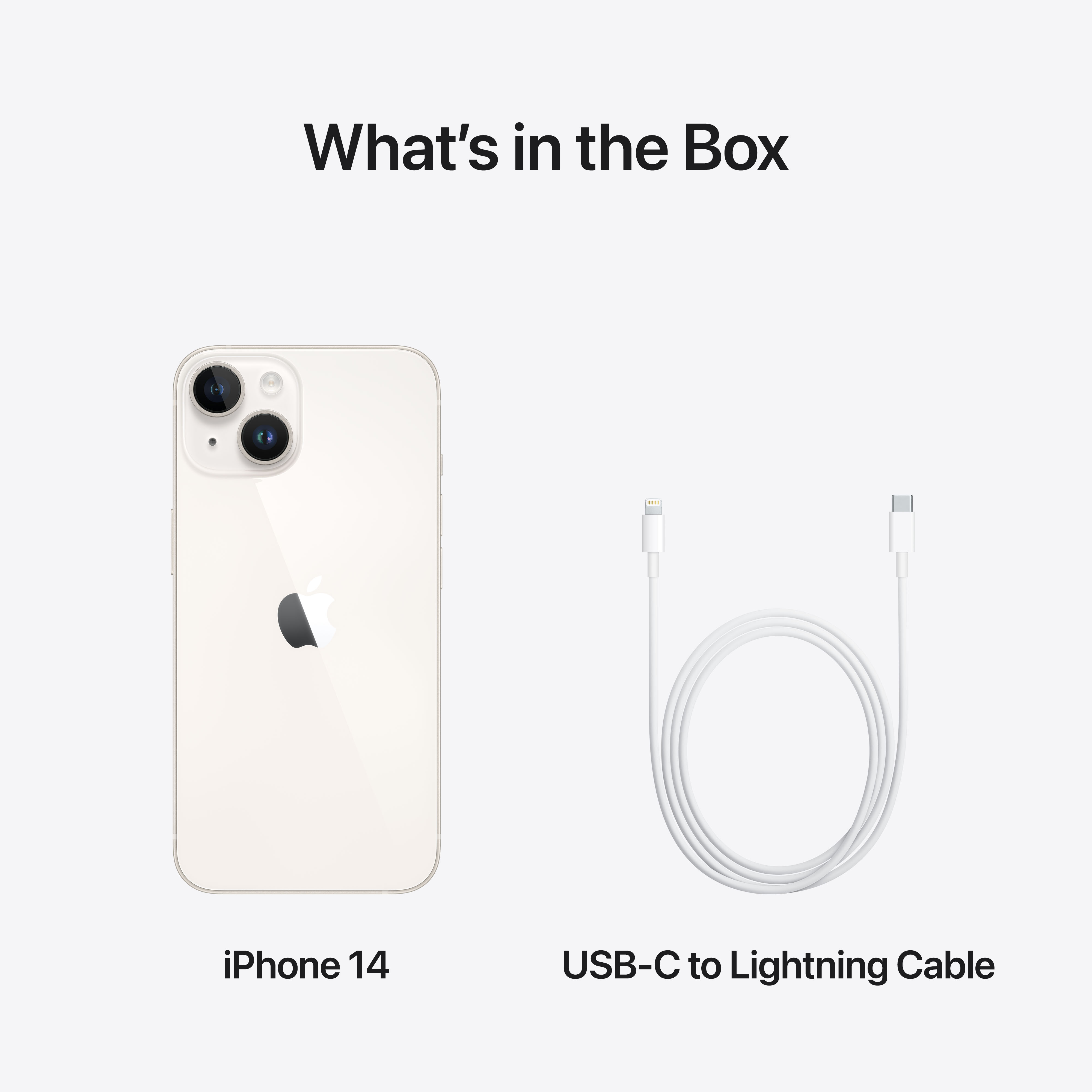 Das iPhone 14 und ein USB-C-auf-Lightning-Kabel auf weißem Hintergrund, mit Text beschriftet.